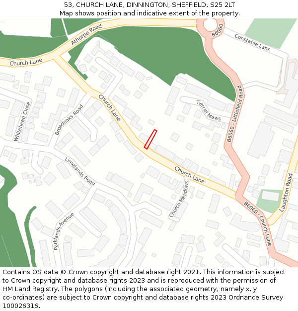 53, CHURCH LANE, DINNINGTON, SHEFFIELD, S25 2LT: Location map and indicative extent of plot