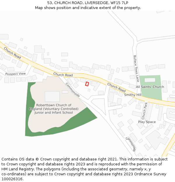 53, CHURCH ROAD, LIVERSEDGE, WF15 7LP: Location map and indicative extent of plot