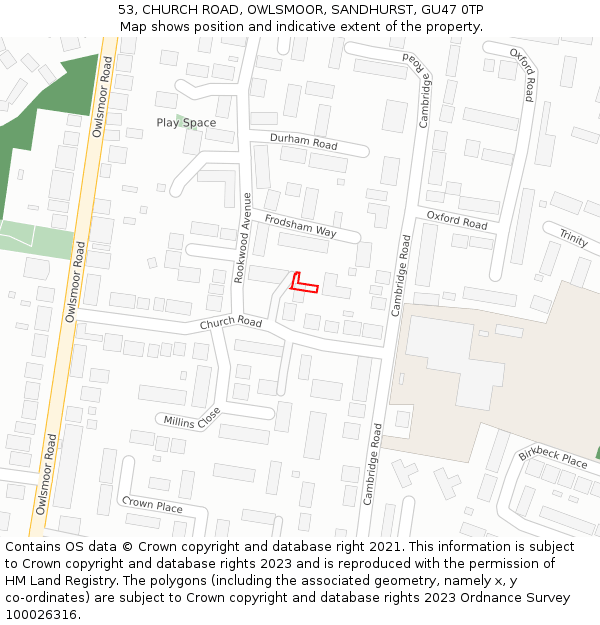 53, CHURCH ROAD, OWLSMOOR, SANDHURST, GU47 0TP: Location map and indicative extent of plot