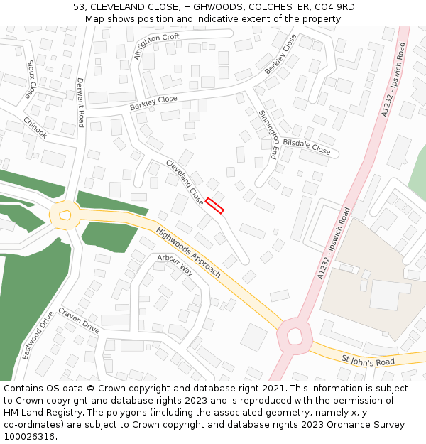 53, CLEVELAND CLOSE, HIGHWOODS, COLCHESTER, CO4 9RD: Location map and indicative extent of plot