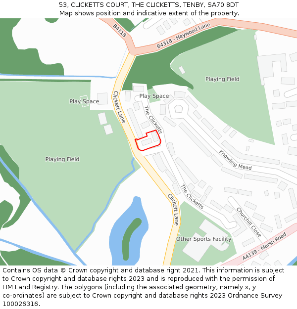 53, CLICKETTS COURT, THE CLICKETTS, TENBY, SA70 8DT: Location map and indicative extent of plot