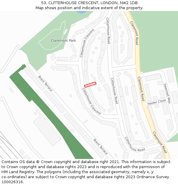 53, CLITTERHOUSE CRESCENT, LONDON, NW2 1DB: Location map and indicative extent of plot