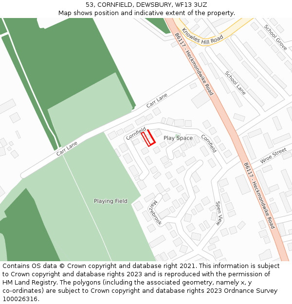 53, CORNFIELD, DEWSBURY, WF13 3UZ: Location map and indicative extent of plot