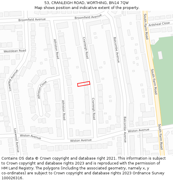 53, CRANLEIGH ROAD, WORTHING, BN14 7QW: Location map and indicative extent of plot