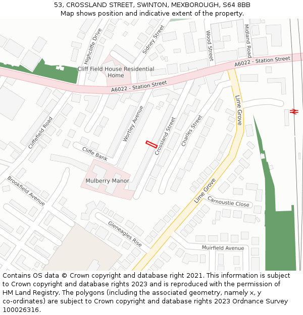 53, CROSSLAND STREET, SWINTON, MEXBOROUGH, S64 8BB: Location map and indicative extent of plot