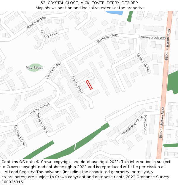 53, CRYSTAL CLOSE, MICKLEOVER, DERBY, DE3 0BP: Location map and indicative extent of plot