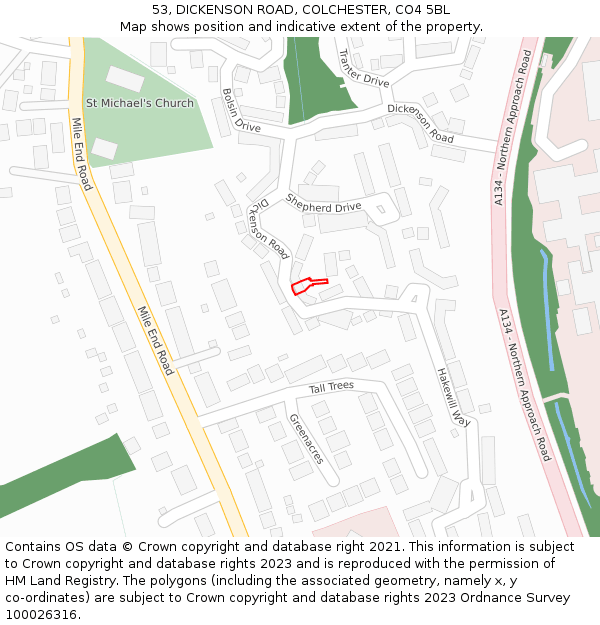 53, DICKENSON ROAD, COLCHESTER, CO4 5BL: Location map and indicative extent of plot