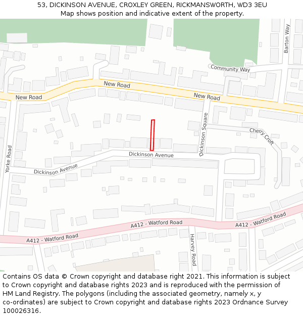 53, DICKINSON AVENUE, CROXLEY GREEN, RICKMANSWORTH, WD3 3EU: Location map and indicative extent of plot