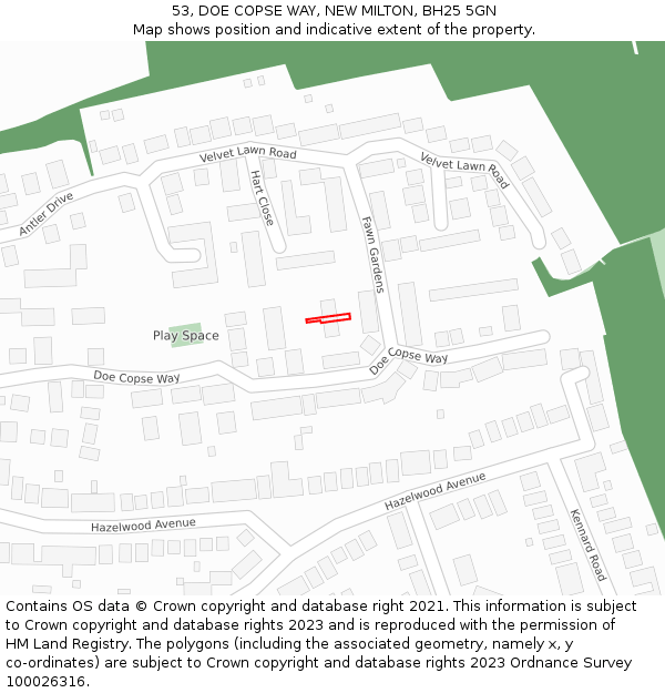 53, DOE COPSE WAY, NEW MILTON, BH25 5GN: Location map and indicative extent of plot