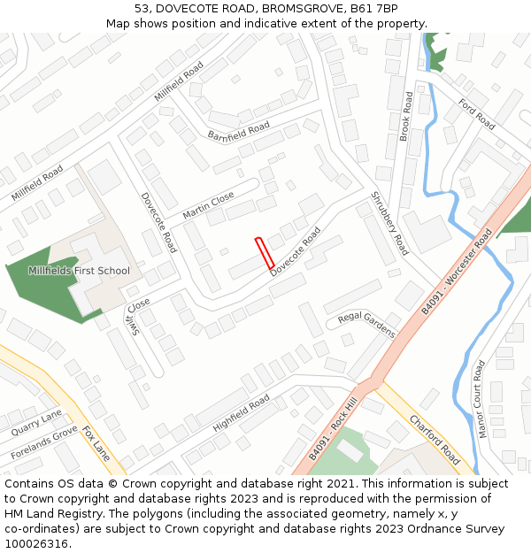 53, DOVECOTE ROAD, BROMSGROVE, B61 7BP: Location map and indicative extent of plot