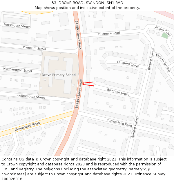 53, DROVE ROAD, SWINDON, SN1 3AD: Location map and indicative extent of plot