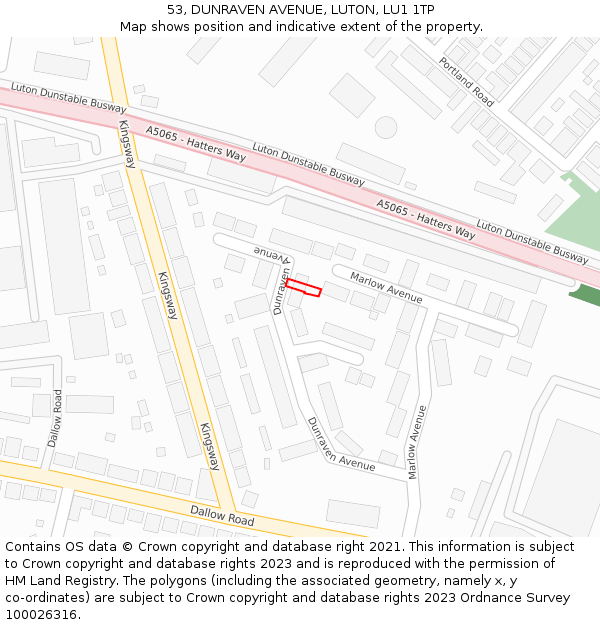 53, DUNRAVEN AVENUE, LUTON, LU1 1TP: Location map and indicative extent of plot