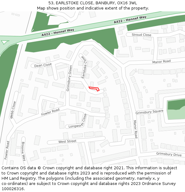 53, EARLSTOKE CLOSE, BANBURY, OX16 3WL: Location map and indicative extent of plot