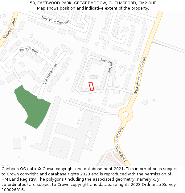 53, EASTWOOD PARK, GREAT BADDOW, CHELMSFORD, CM2 8HF: Location map and indicative extent of plot