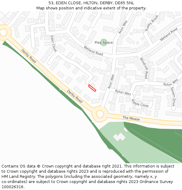 53, EDEN CLOSE, HILTON, DERBY, DE65 5NL: Location map and indicative extent of plot