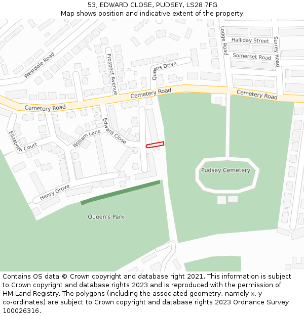 53, EDWARD CLOSE, PUDSEY, LS28 7FG: Location map and indicative extent of plot