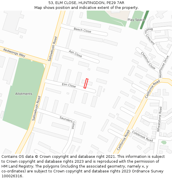 53, ELM CLOSE, HUNTINGDON, PE29 7AR: Location map and indicative extent of plot