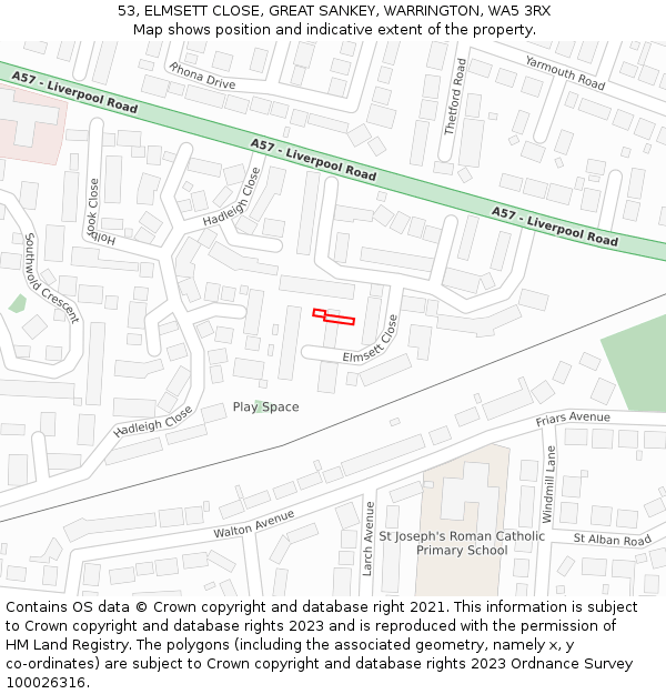 53, ELMSETT CLOSE, GREAT SANKEY, WARRINGTON, WA5 3RX: Location map and indicative extent of plot