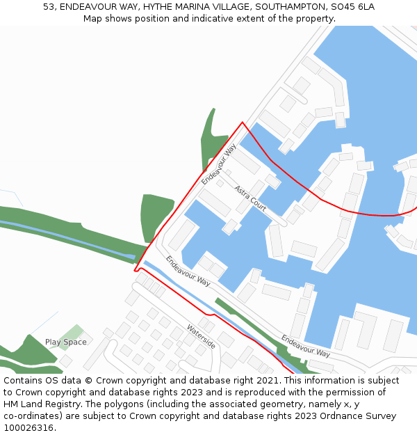 53, ENDEAVOUR WAY, HYTHE MARINA VILLAGE, SOUTHAMPTON, SO45 6LA: Location map and indicative extent of plot