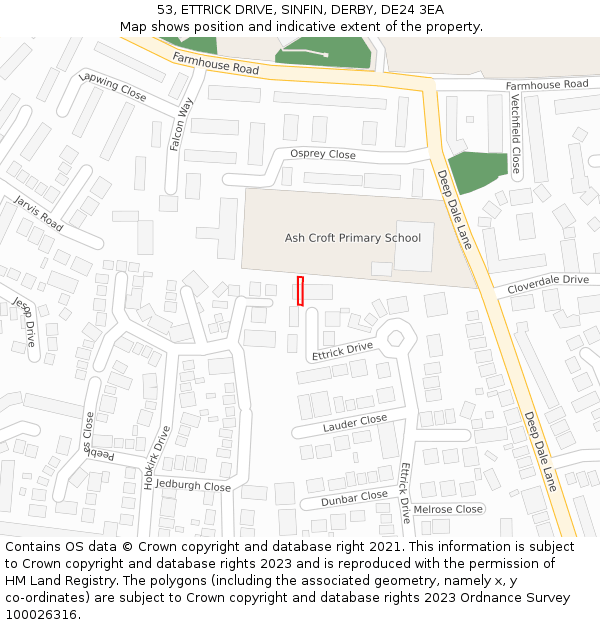 53, ETTRICK DRIVE, SINFIN, DERBY, DE24 3EA: Location map and indicative extent of plot