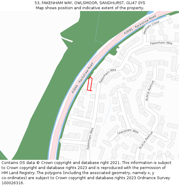 53, FAKENHAM WAY, OWLSMOOR, SANDHURST, GU47 0YS: Location map and indicative extent of plot