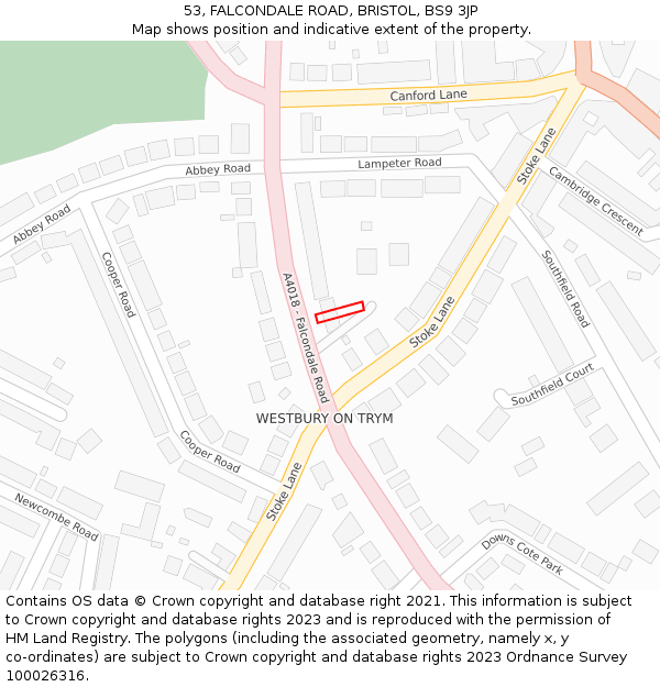 53, FALCONDALE ROAD, BRISTOL, BS9 3JP: Location map and indicative extent of plot