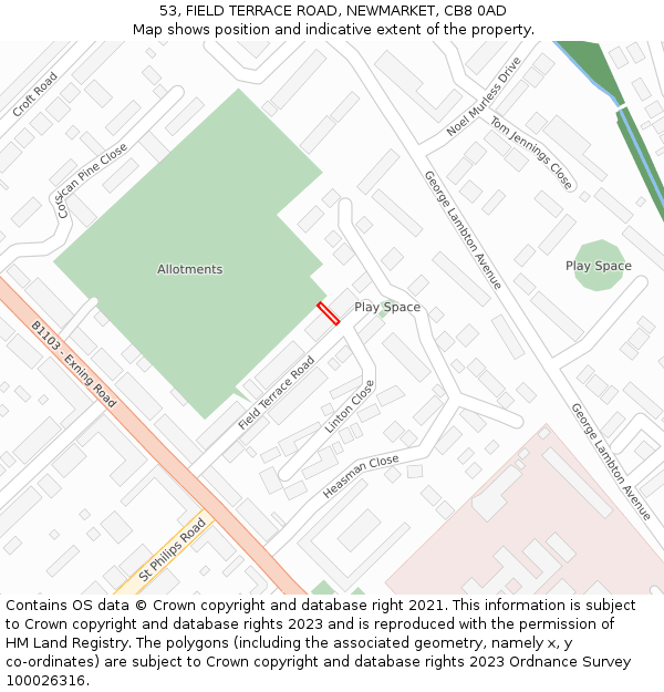 53, FIELD TERRACE ROAD, NEWMARKET, CB8 0AD: Location map and indicative extent of plot