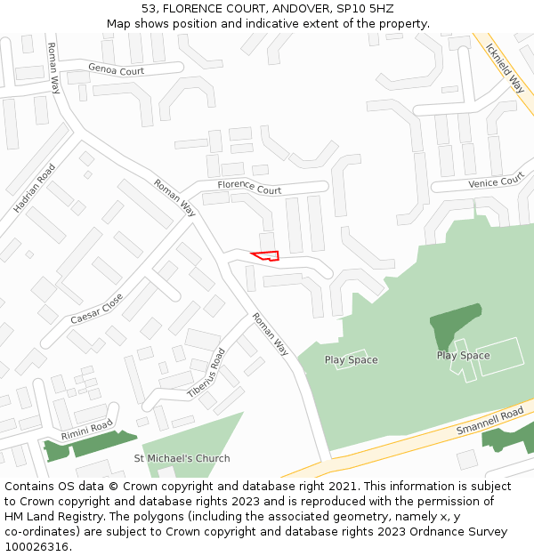 53, FLORENCE COURT, ANDOVER, SP10 5HZ: Location map and indicative extent of plot