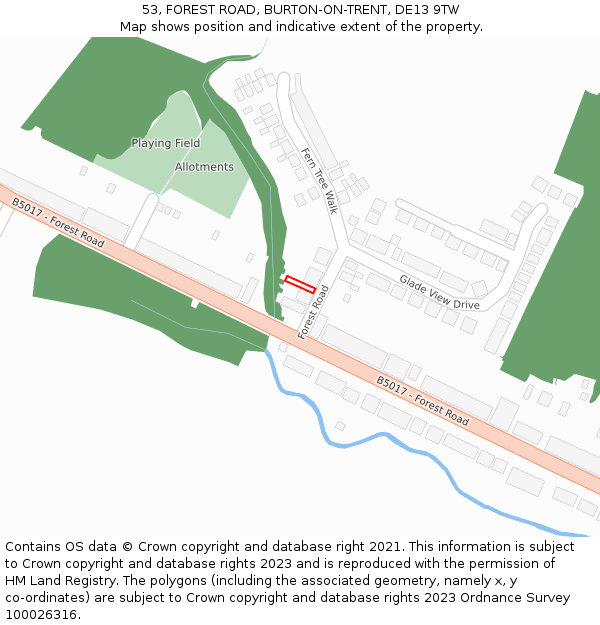 53, FOREST ROAD, BURTON-ON-TRENT, DE13 9TW: Location map and indicative extent of plot