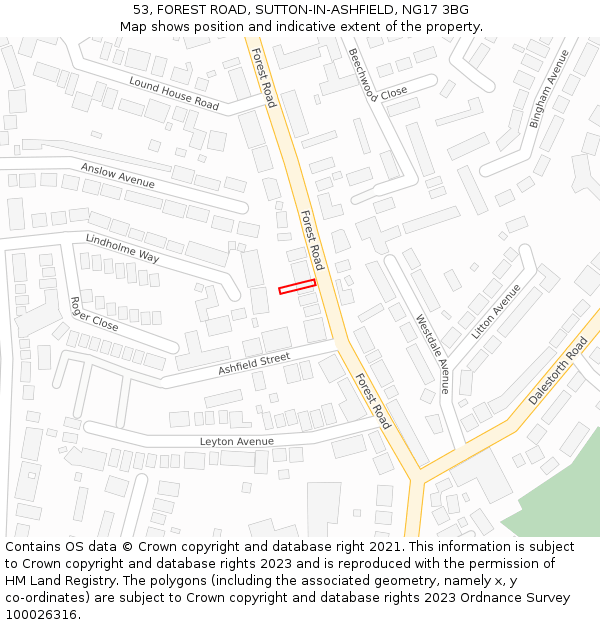 53, FOREST ROAD, SUTTON-IN-ASHFIELD, NG17 3BG: Location map and indicative extent of plot