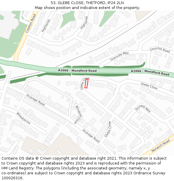 53, GLEBE CLOSE, THETFORD, IP24 2LN: Location map and indicative extent of plot