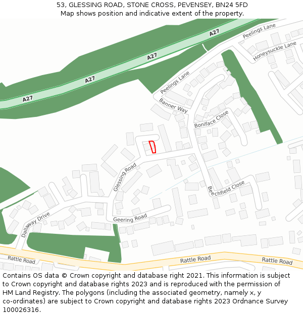 53, GLESSING ROAD, STONE CROSS, PEVENSEY, BN24 5FD: Location map and indicative extent of plot