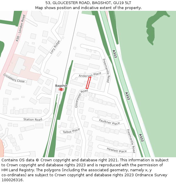 53, GLOUCESTER ROAD, BAGSHOT, GU19 5LT: Location map and indicative extent of plot