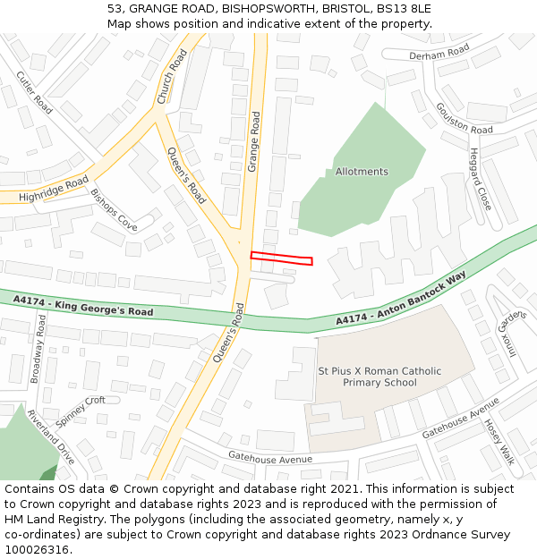 53, GRANGE ROAD, BISHOPSWORTH, BRISTOL, BS13 8LE: Location map and indicative extent of plot