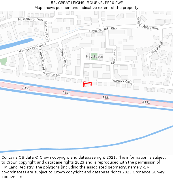 53, GREAT LEIGHS, BOURNE, PE10 0WF: Location map and indicative extent of plot