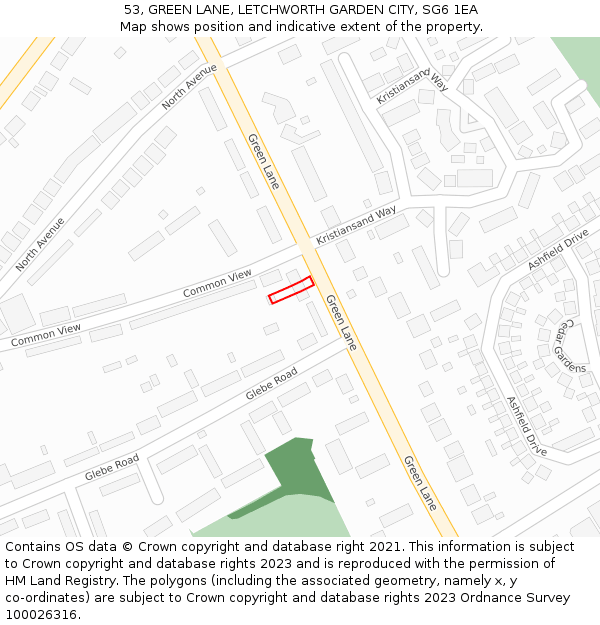 53, GREEN LANE, LETCHWORTH GARDEN CITY, SG6 1EA: Location map and indicative extent of plot