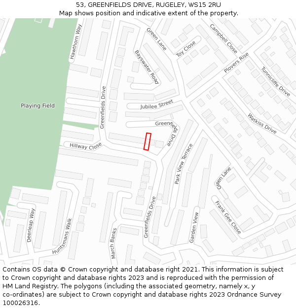 53, GREENFIELDS DRIVE, RUGELEY, WS15 2RU: Location map and indicative extent of plot