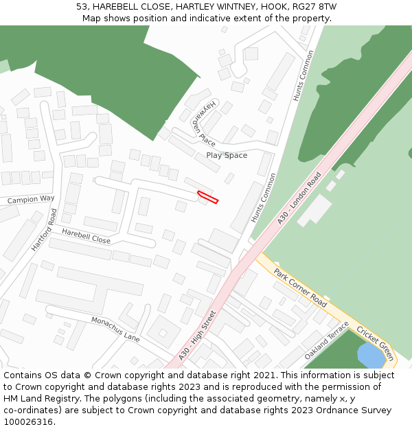 53, HAREBELL CLOSE, HARTLEY WINTNEY, HOOK, RG27 8TW: Location map and indicative extent of plot