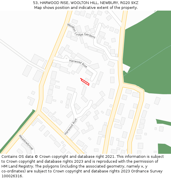 53, HARWOOD RISE, WOOLTON HILL, NEWBURY, RG20 9XZ: Location map and indicative extent of plot