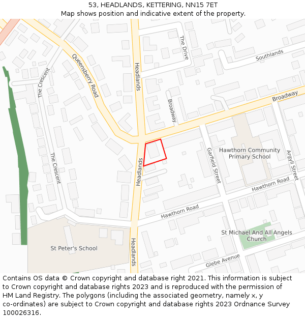 53, HEADLANDS, KETTERING, NN15 7ET: Location map and indicative extent of plot