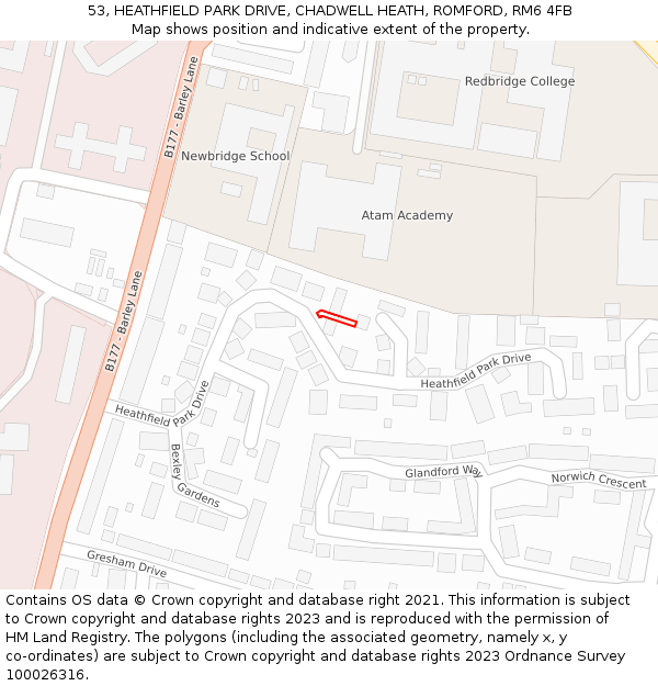 53, HEATHFIELD PARK DRIVE, CHADWELL HEATH, ROMFORD, RM6 4FB: Location map and indicative extent of plot