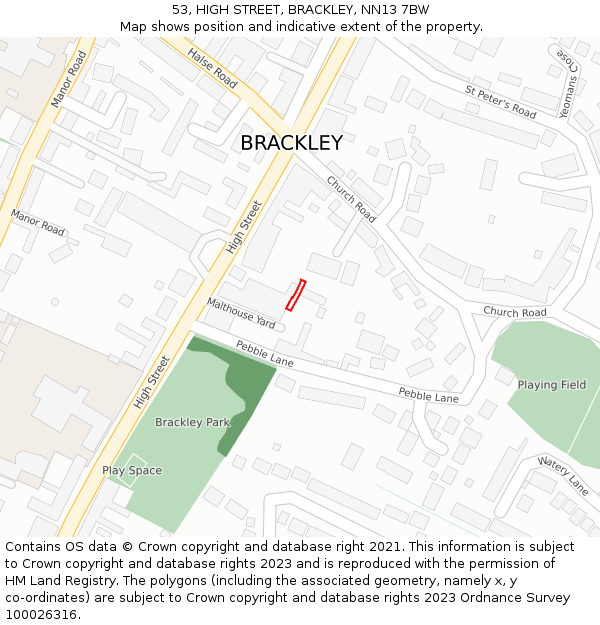 53, HIGH STREET, BRACKLEY, NN13 7BW: Location map and indicative extent of plot