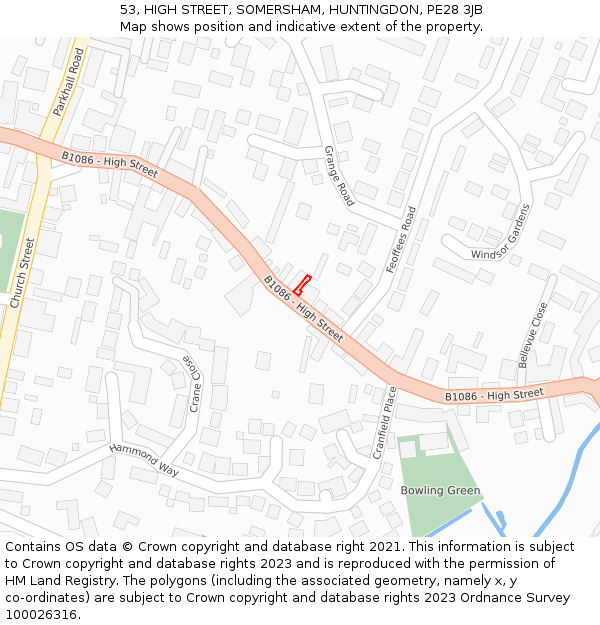 53, HIGH STREET, SOMERSHAM, HUNTINGDON, PE28 3JB: Location map and indicative extent of plot