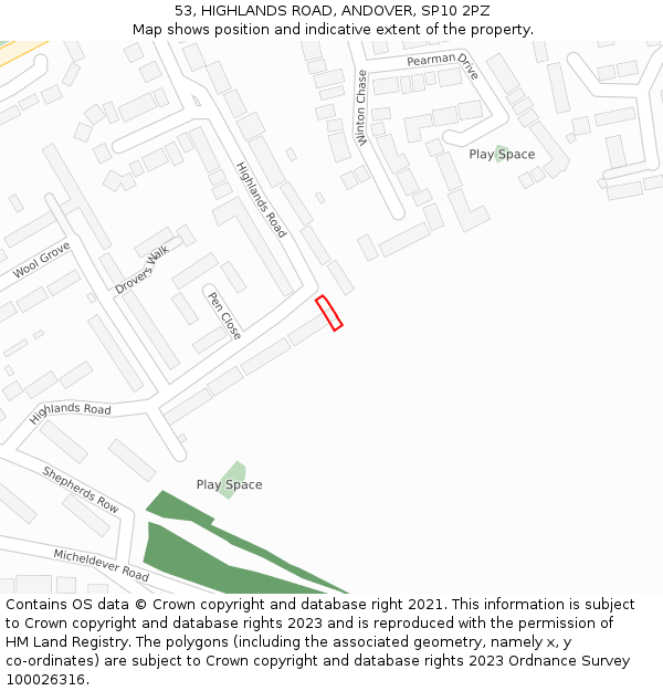 53, HIGHLANDS ROAD, ANDOVER, SP10 2PZ: Location map and indicative extent of plot