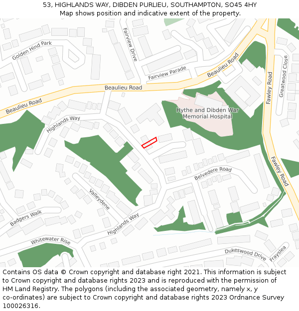 53, HIGHLANDS WAY, DIBDEN PURLIEU, SOUTHAMPTON, SO45 4HY: Location map and indicative extent of plot