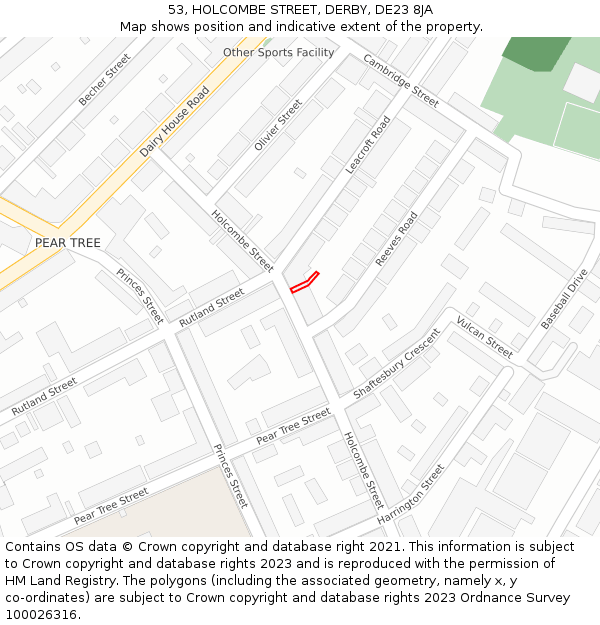 53, HOLCOMBE STREET, DERBY, DE23 8JA: Location map and indicative extent of plot