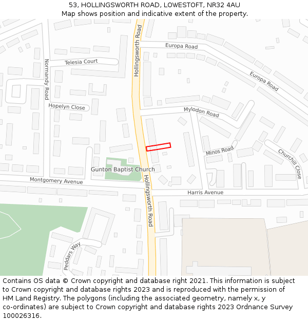 53, HOLLINGSWORTH ROAD, LOWESTOFT, NR32 4AU: Location map and indicative extent of plot