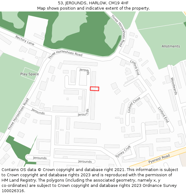 53, JEROUNDS, HARLOW, CM19 4HF: Location map and indicative extent of plot