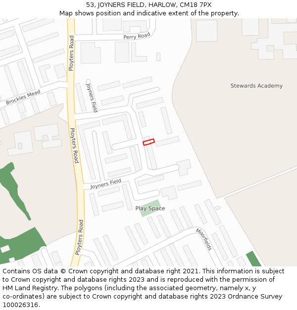 53, JOYNERS FIELD, HARLOW, CM18 7PX: Location map and indicative extent of plot