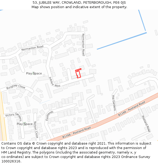 53, JUBILEE WAY, CROWLAND, PETERBOROUGH, PE6 0JS: Location map and indicative extent of plot